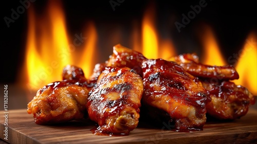 Delicious barbecue chicken wings with glaze and flames in the background