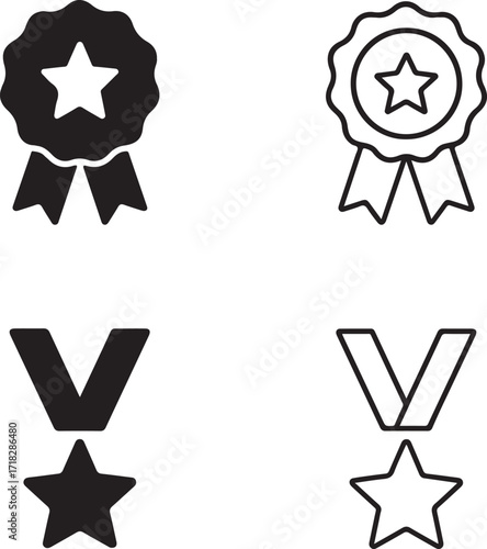 Isolated award icons, solid quality badge, line badge, filled star medal, thin stroke medal, editable black vector, achievement reward, certificate honor design