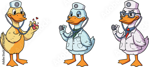 Cartoon cute duck doctors with stethoscope, funny animal medical characters, adorable duck physician illustration for healthcare, hospital, veterinary, cartoon design