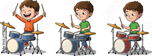 Cartoon cute boys playing drum set, happy children musicians performing music on stage, fun kids drummer character illustration for entertainment