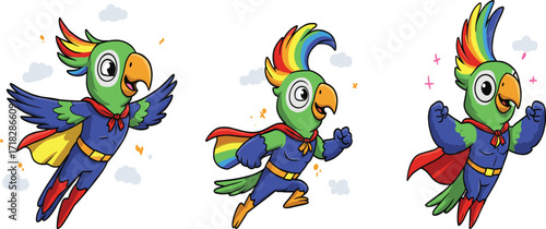 Colorful superhero parrot cartoon character flying, strong parrot in costume, funny bird illustration for kids, animal superhero design, children artwork