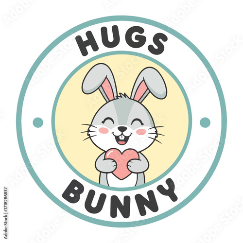 Cute cartoon bunny holding a heart with the words hugs bunny
