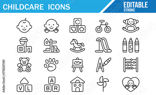 Childcare and early learning outline icon set of play, art, and toddler activities