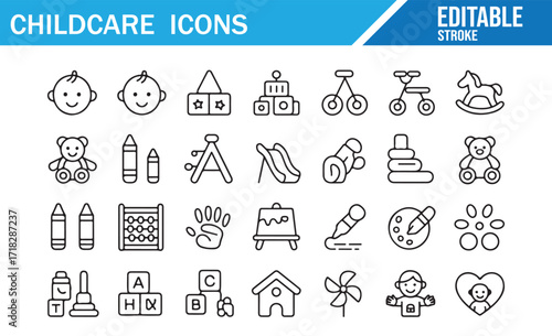 Collection of editable stroke icons of baby, toddler, and early learning development
