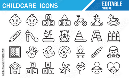 Outline vector illustrations of childcare, education, and childhood activities symbols