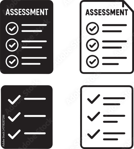Isolated assessment icons, solid document, line document, filled checklist, thin stroke checklist, editable black vector, exam review, test paper, evaluation design