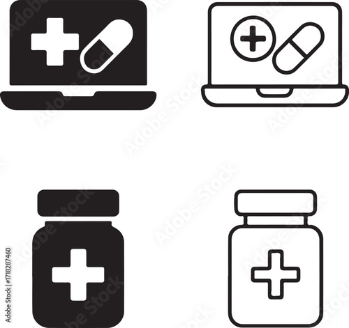 Isolated medicine icons, solid online medicine, line online medicine, filled pill bottle, thin stroke pill bottle, editable black vector, pharmacy healthcare, drug store design