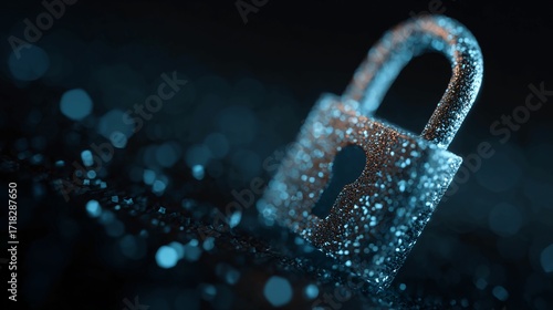 Secure digital padlock, symbolizing data protection, cybersecurity, and digital privacy with glowing abstract particles in a dark, futuristic environment
