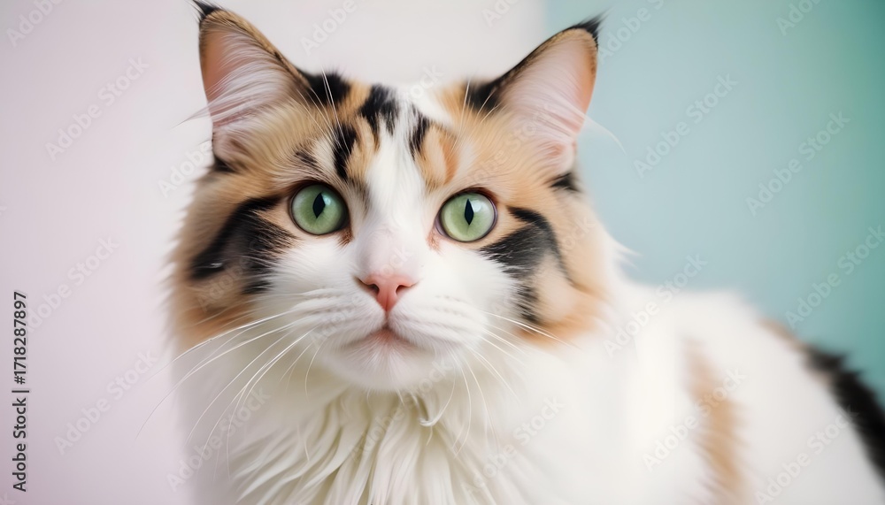 Fototapeta premium A beautiful calico cat with striking green eyes gazes directly at the viewer.
