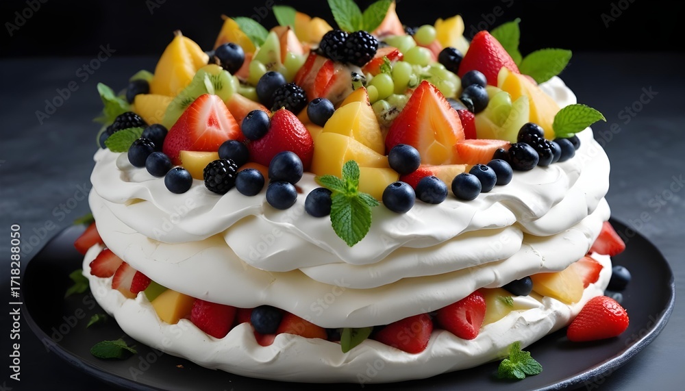 Obraz premium Delicious Pavlova Cake with Fresh Fruits