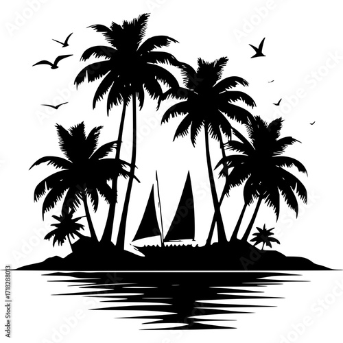 Silhouette tropical island with palm trees sailboat and flying birds art