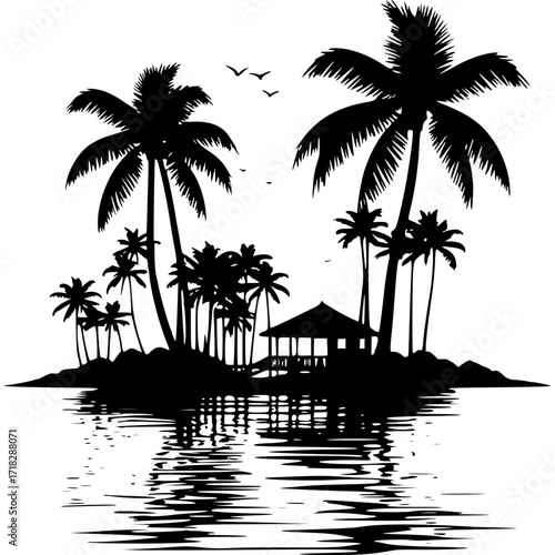 Silhouette tropical island with palm trees and beach hut vector design