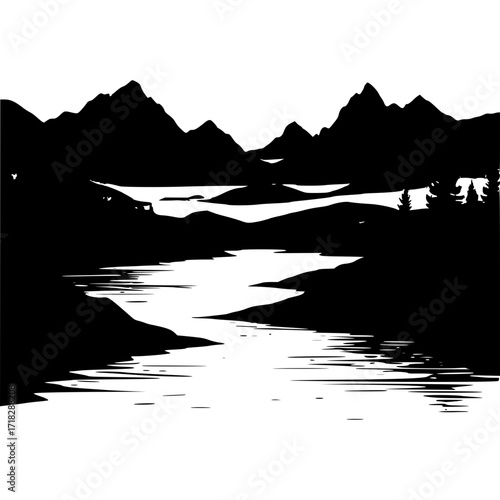 Black and white mountain landscape vector scenic river nature design art silhouette