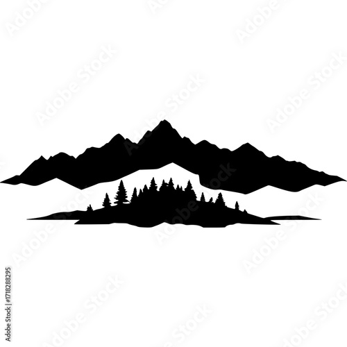 Black and white mountain range with forest silhouette vector graphic art