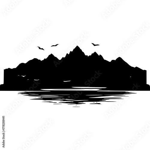 Mountain range silhouette with birds flying over lake vector graphic art