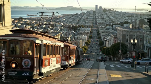 San Francisco cityscape with cable car on hill, city view, and travel destination, featuring buildings and architecture.