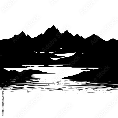 Black and white mountain range landscape with lake water reflection view silhouette
