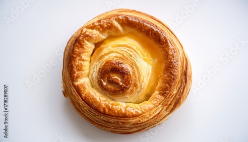 Golden Brown Puff Pastry Vol Au Vent With Round Filling Viewed From Top On White Background Flaky Texture And Elegant Shape Make It Ideal For Gourmet Bakery And Culinary Design Use