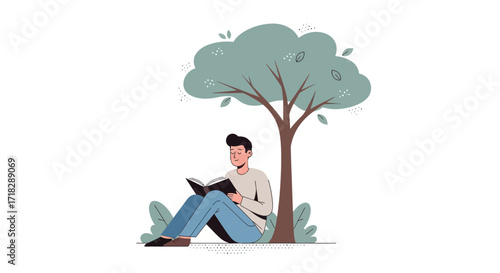 Young Man Delights In Reading Under A Shady Tree Enjoying Peace And Quiet