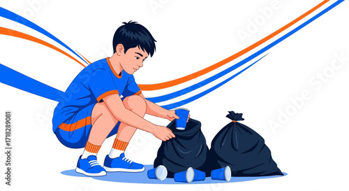 Young Man Collecting Trash, Promoting Environment Protection, And Community Cleanliness