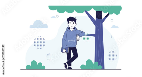 Young Man Leaning Against Tree Outdoors, Holding Book, Smiling, Enjoying Fresh Air