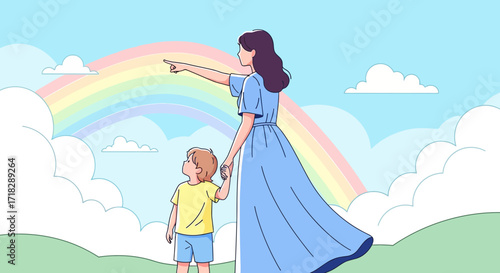 Mother And Child Observing The Colors Of A Rainbow Above The Meadow Horizon