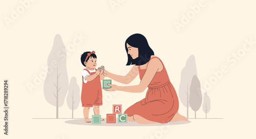 Mother And Child Playing Together Outdoors With Building Blocks And Smiling, Joyful Moments