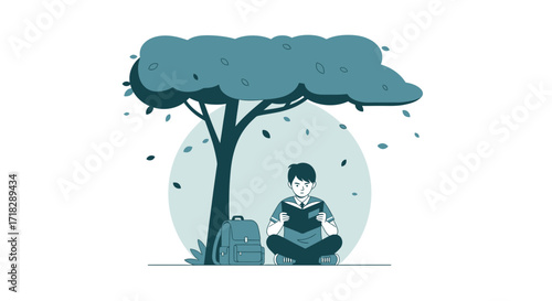 Young Man Reading Under The Tree, Enjoying His Leisure And The Fresh Environment