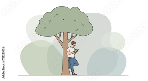 Young Man Reading Under A Tree, Relaxing, Conceptual, And Thoughtful Leisure Moments