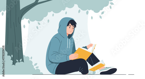 Young Man Reading Under Tree, Enjoying Solitude and Literary Exploration Outdoors