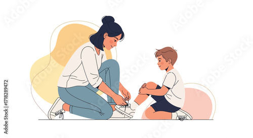 Mother Assisting Son With Shoe Laces Represents Parental Support And Guidance