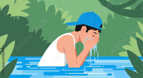 Young Man Refreshing Himself In Nature With Calm Water, Illustration Scene