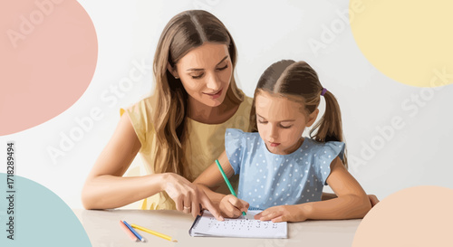 Mother Assisting Young Girl With Her Homework At Home Environment