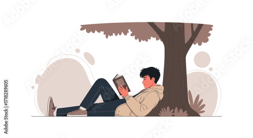 Young Man Underneath The Tree Reading, Leisure Time Activity, Relaxing, Vector Illustration