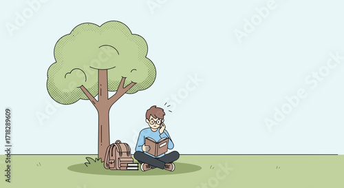 Young Man Studying Under A Tree, Reading Book While Having A Phone Call, Vector Illustration