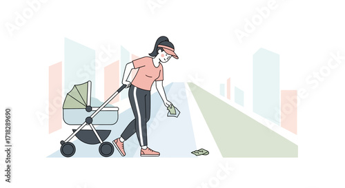 Mother Picking Up Trash With A Stroller Depicting A Scene Of Environmental Responsibility