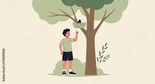 Young Observer Points To The Bird Nest In The Tree, Witnessing Wildlife