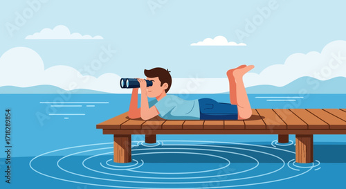 Young Observer With Binoculars Enjoys Serene View and Peaceful Summer Afternoon