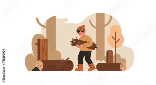 Young Person Carrying Firewood Through A Forested Landscape Vector Illustration