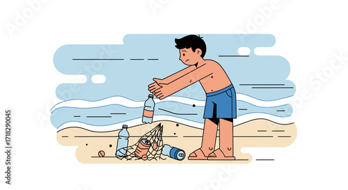 Young Person Cleaning Plastics From Beach Illustrating Marine Pollution Prevention Effort