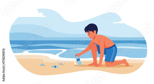 Young Person Cleans Beach Removing Plastic Bottles Promoting Environmental Awareness for Everyone