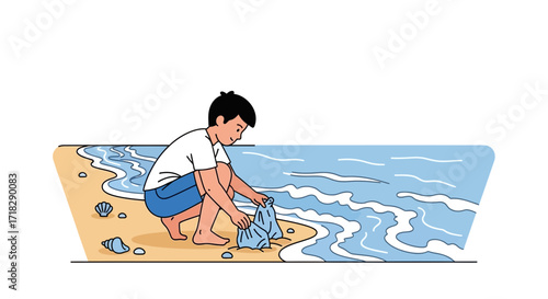 Young Person Collecting Litter On Sandy Beach, Helping Reduce Ocean Pollution, Protecting The