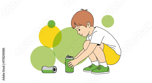 Young Person Collecting Cans for Recycling with Decorative Style and Simple Background Design