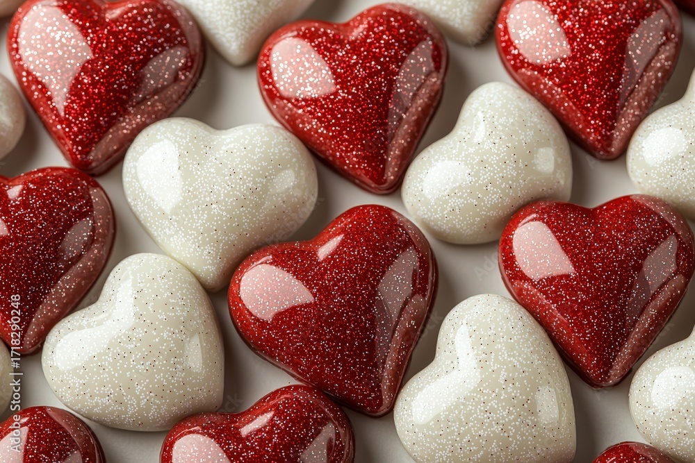 Fototapeta premium Assorted glossy heart-shaped chocolates with red and white glitter accents