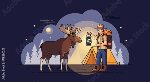 Nighttime Encounter: A Hiker, An Elk, And Illuminated Tent Under A Starry Sky