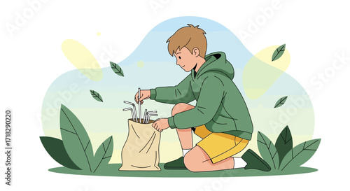 Young Person Engaging In Clean Up, Removing Waste From Green Environment
