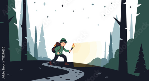Nighttime Explorer Illuminates Forest Path While Embarking On A Mystical Journey