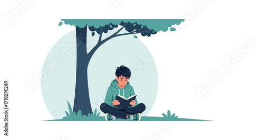 Young Person Enjoying Reading A Book Under A Shady Tree In Tranquil Environment Always