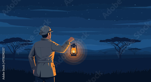 Nighttime Explorer, illuminated with lantern light, observing the wilderness landscape at dusk