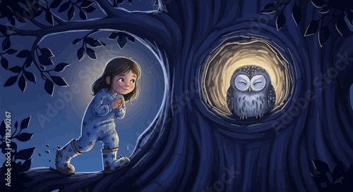 Nighttime Stroll: A Little Girl Encounters a Sleepy Owl in the Enchanted Forest Scene
